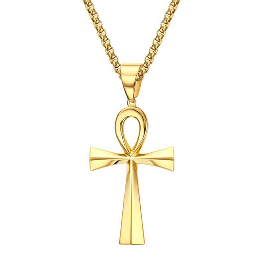 Kemstone 64mm Ankh Cross Pendant – Stainless Steel Gothic Hip-Hop Necklace for Men PN-646