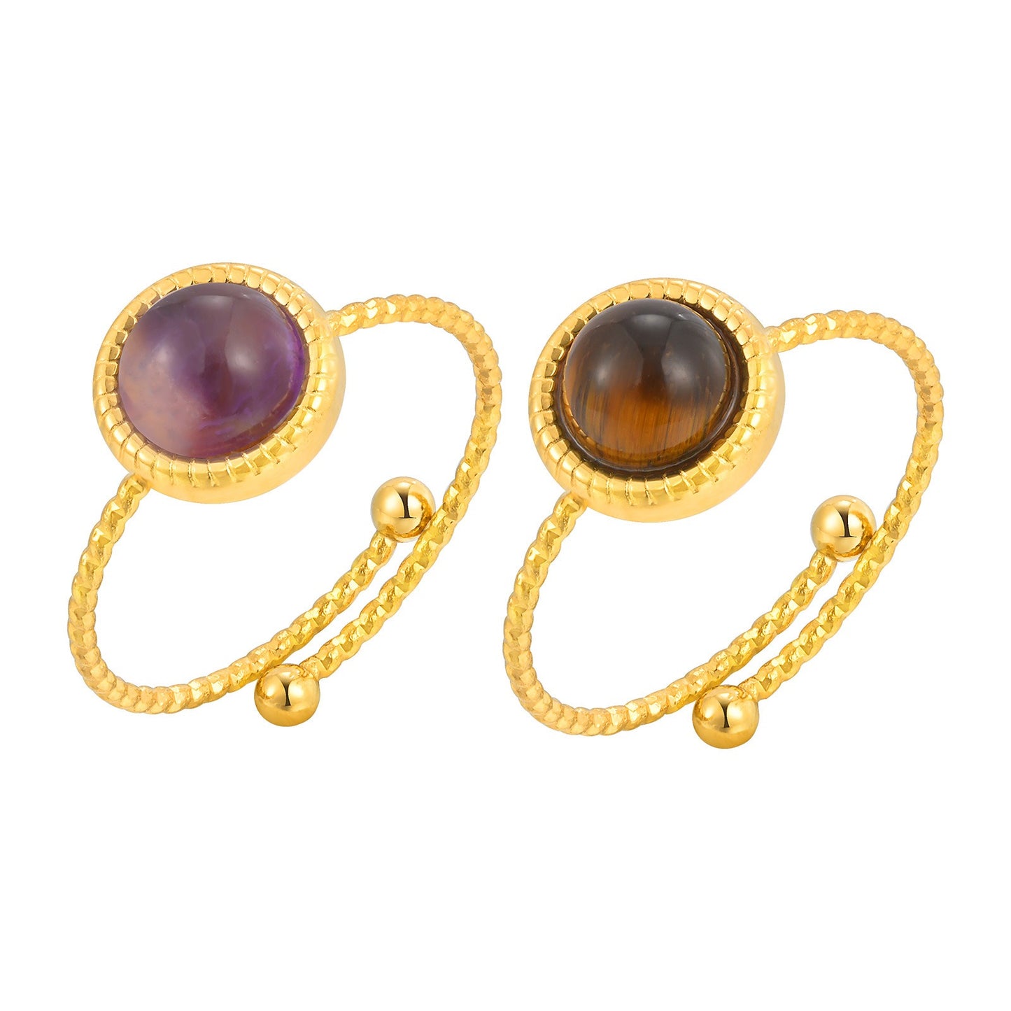 Anillo ajustable de acero inoxidable Kemstone con extremo abierto y cristal de ojo de tigre natural en forma de huevo - Joyería minimalista para uso diario RC-819