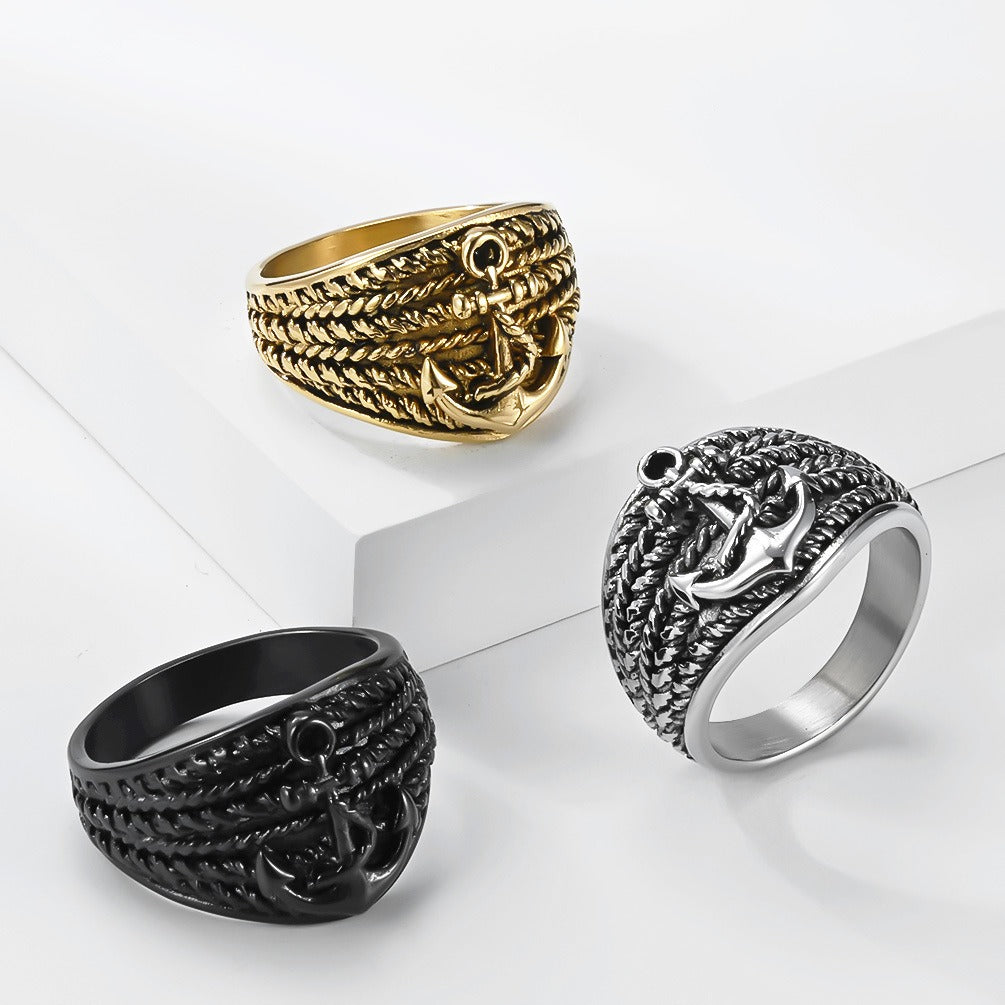 Kemston Stainless Steel Anchor Rope Nautical Ring for Men Vintage Biker K-R1186