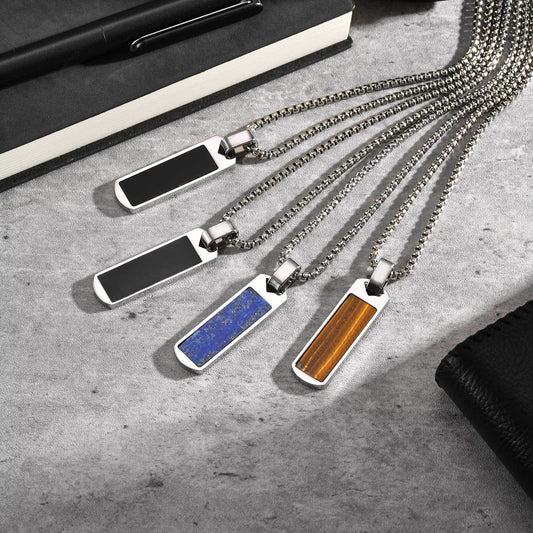 Kemstone Stainless Steel Rectangular Stone Pendant Necklace for Men Jewelry PN-1890