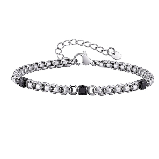 Kemston Stainless Steel Black Cubic Zirconia Beaded Chain Bracelet for Men Street Style BR-3103