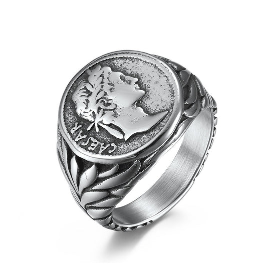 Kemstone Stainless Steel Caesar Coin Ring for Men – Vintage Design K-R523