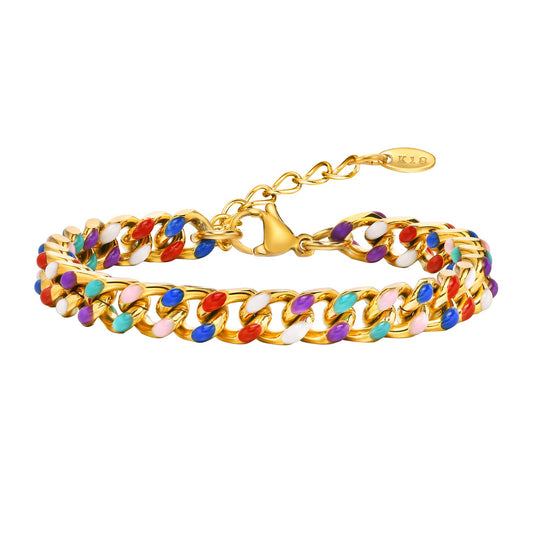 Pulsera Kemstone de acero inoxidable con cadena cubana de resina coloreada - Acabado en oro de 18 quilates, joyería de moda para mujer BR-1964