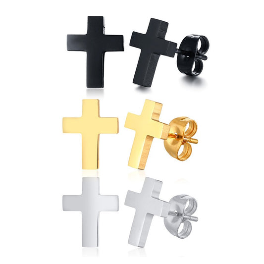 Kemstone Stainless Steel Cross Stud Earrings – Gold/Silver/Black, Gothic Minimalist Faith Jewelry ES-214