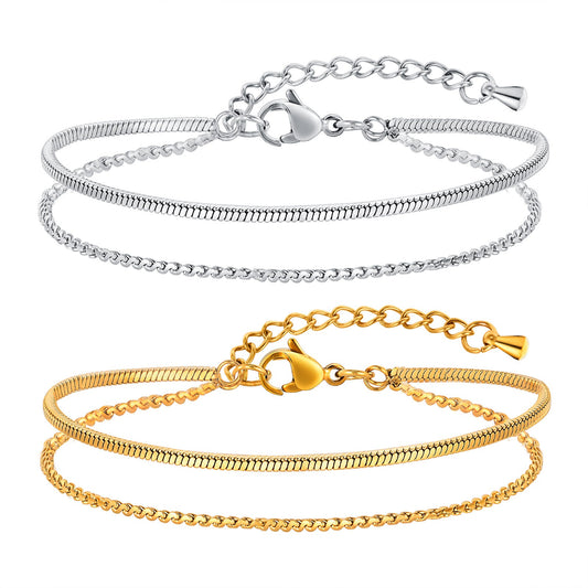 Pulsera de acero inoxidable de doble capa con cadena en forma de S para mujer - Joyería apilable de moda BR2102