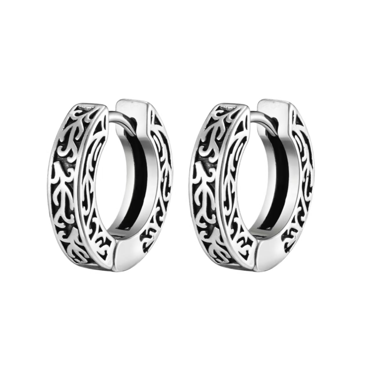 Kemstone Stainless Steel Engraved Hoop Earrings – Vintage Huggie Jewelry for Men, Gold/Silver/Black EH-699