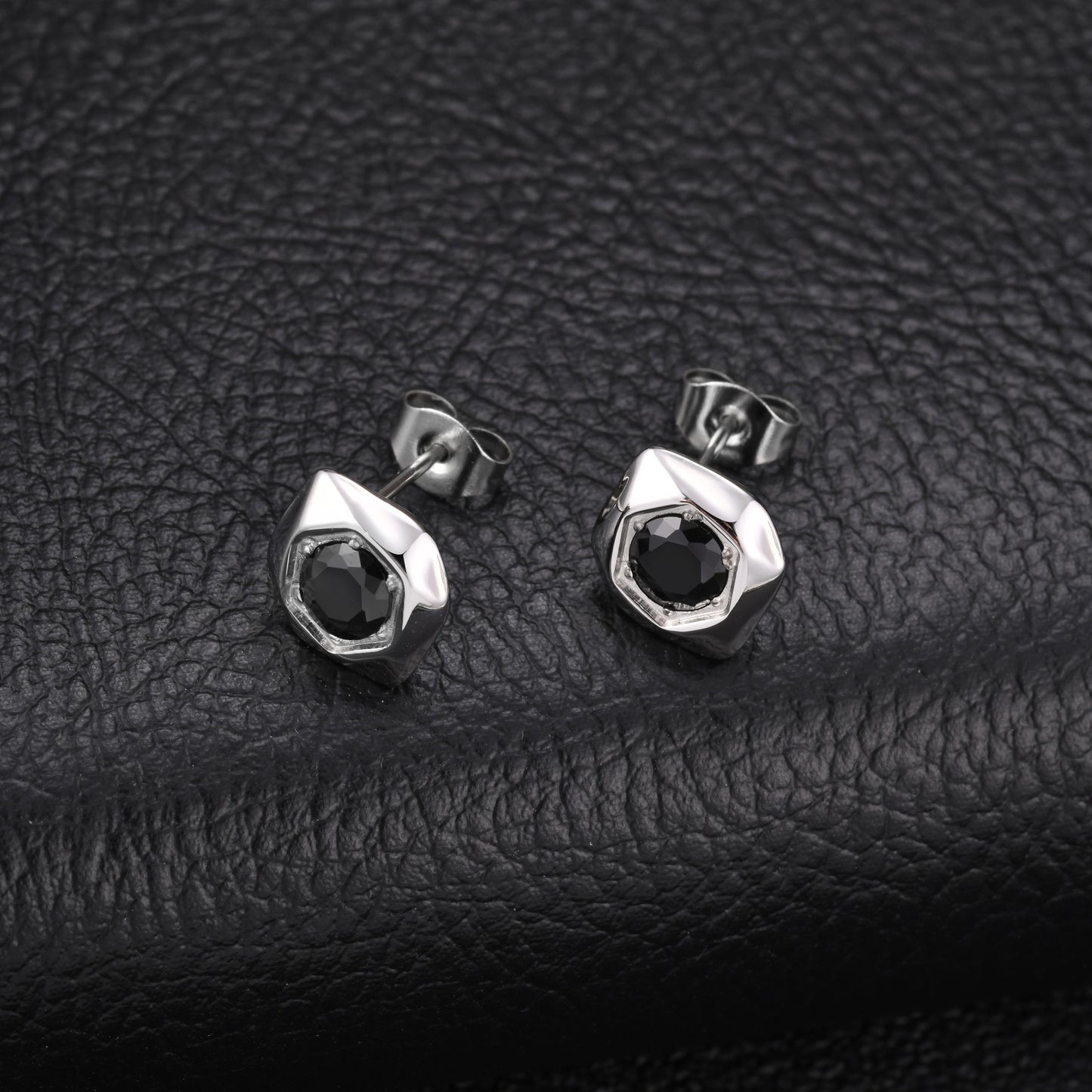 Kemston Black Cubic Zirconia Hexagon Stud Earrings for Men Stainless Steel Minimal Geometric ES-796