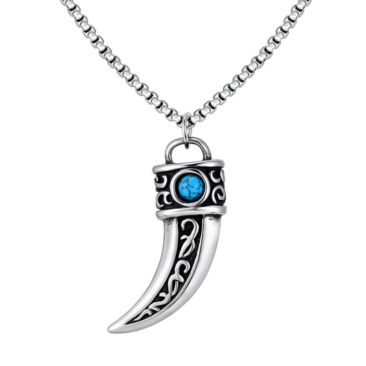 Kemstone Stainless Steel Horn Pendant Necklace – Vintage Turquoise Tribal Design for Men PN-2233