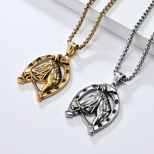 Kemstone Men’s Stainless Steel Horse Head Horseshoe Necklace – Gold/Silver K-PT606