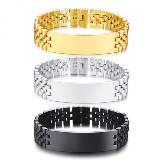 Kemstone Stainless Steel ID Bracelet – Heavy Chain 21.5cm, Gold/Silver/Black, High Polish Engraving Plate BR-697