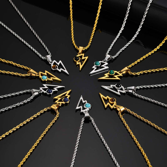 Kemstone Men’s Stainless Steel Lightning Pendant Necklace – Natural Stone Jewelry PN-2202