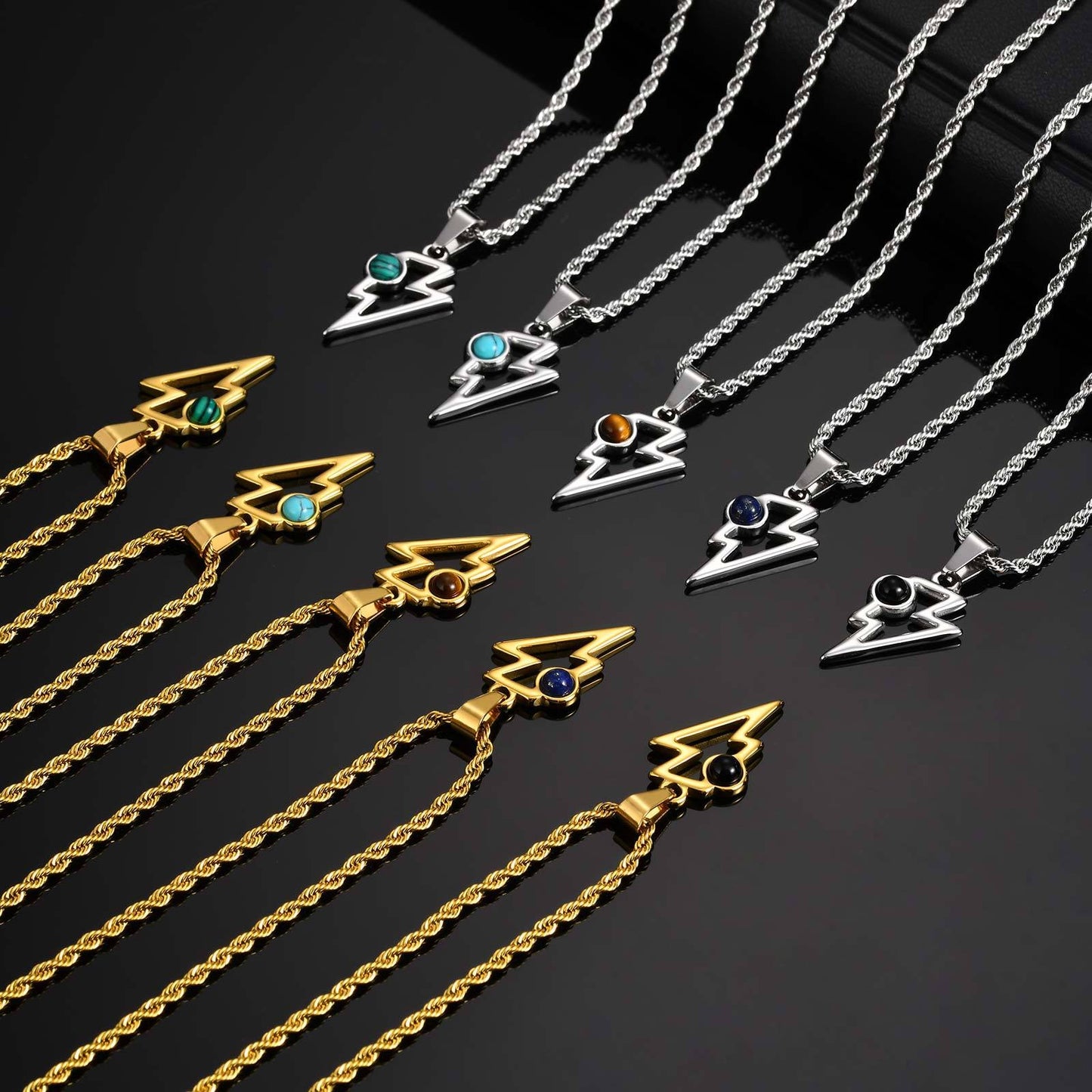 Kemstone Men’s Stainless Steel Lightning Pendant Necklace – Natural Stone Jewelry PN-2202