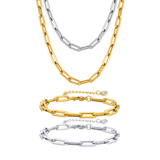 Collar de cadena rectangular de acero inoxidable Kemstone para mujer - Diseño geométrico audaz con acabado dorado pulido NC-1882