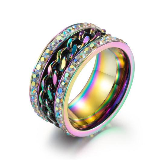 Kemstone Stainless Steel Rotatable Chain Ring with Colorful Cubic Zirconia Stones for Men K-R241