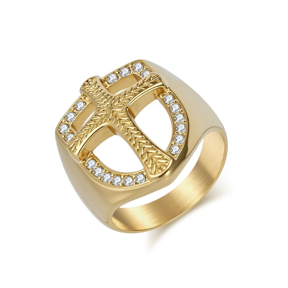 Kemstone Stainless Steel Shield Cross Ring for Men – Silver, Gold, Black K-R1010
