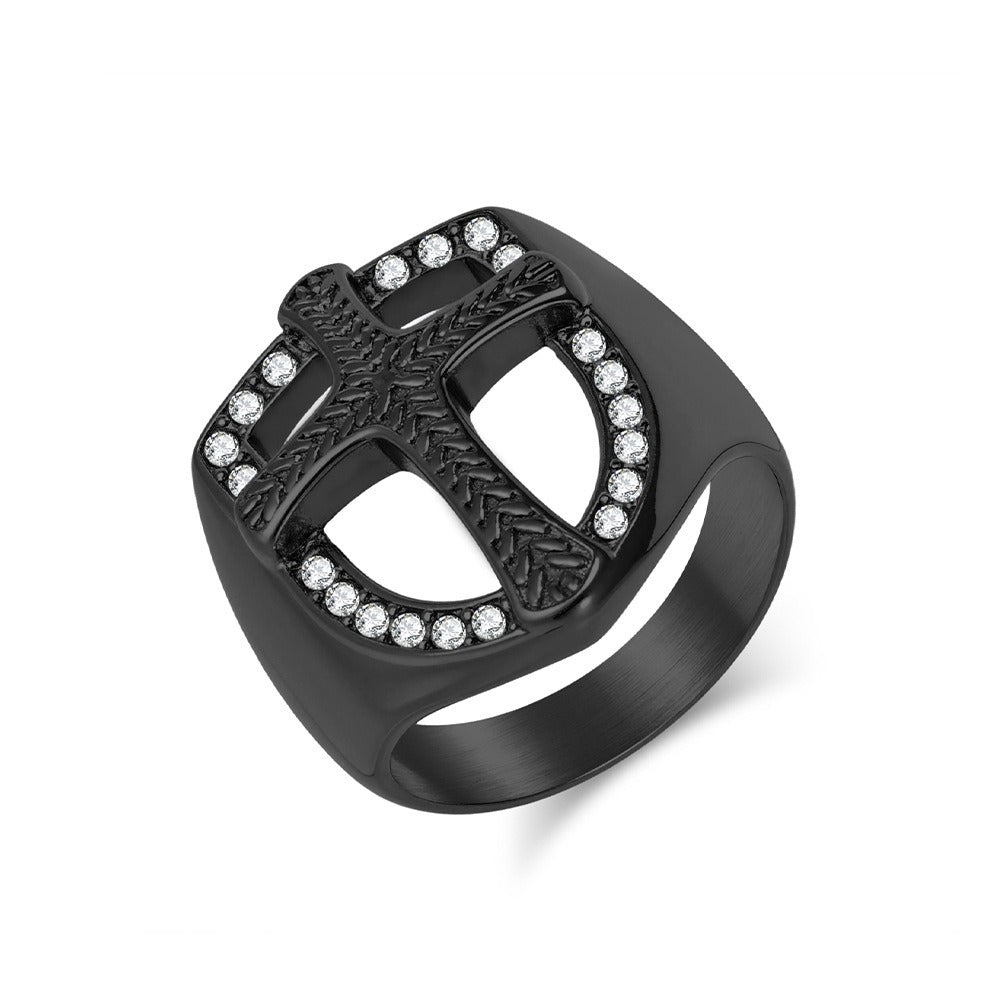 Kemstone Stainless Steel Shield Cross Ring for Men – Silver, Gold, Black K-R1010