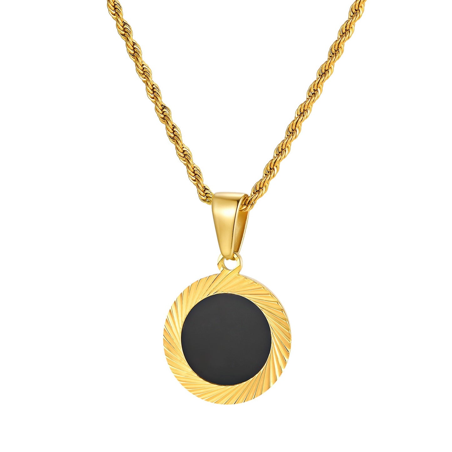 Kemstone Stainless Steel Sunburst Black Acrylic Pendant Necklace for Men PN-2243
