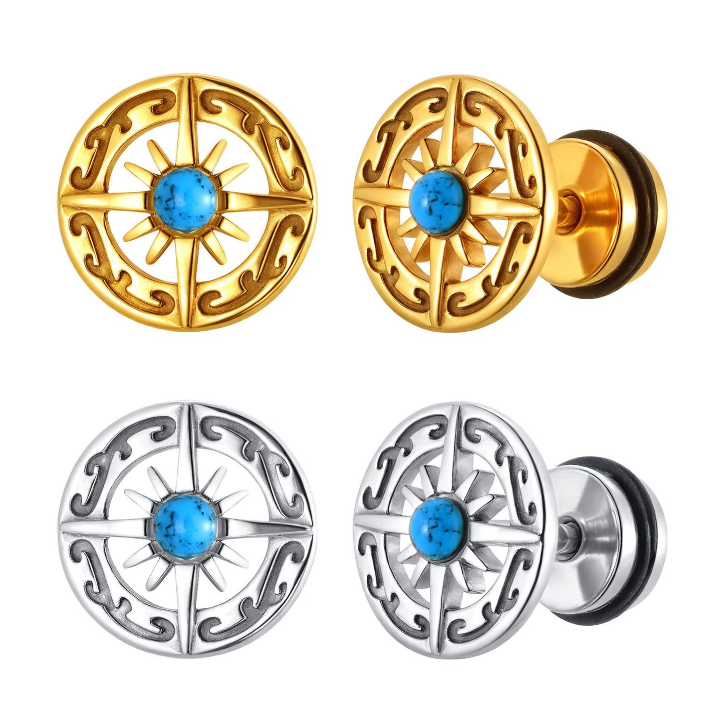 Kemstone Stainless Steel Turquoise Compass Stud Earrings – Vintage Symbolic Jewelry for Men, Gold/Silver ES-679
