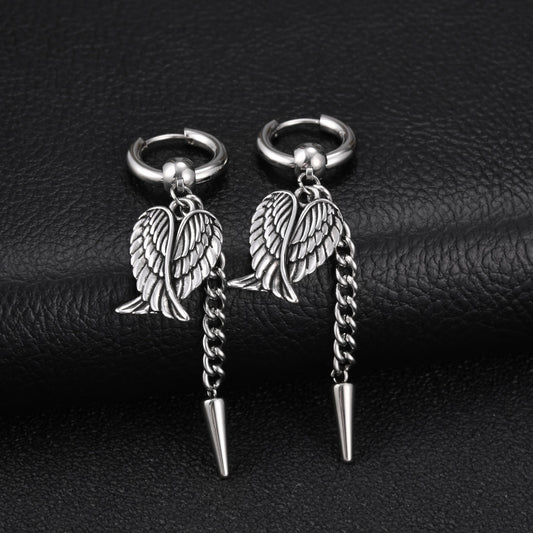 Kemston Stainless Steel Wing Chain Drop Earrings for Men Hip Hop Jewelry ED1109