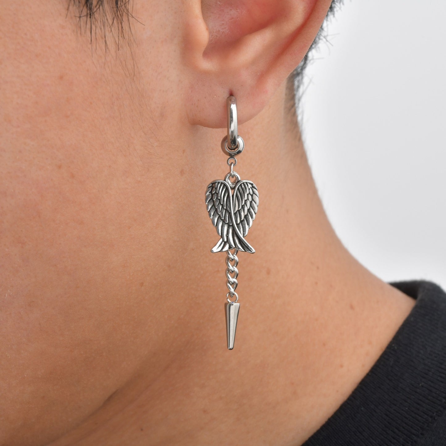Kemston Stainless Steel Wing Chain Drop Earrings for Men Hip Hop Jewelry ED1109