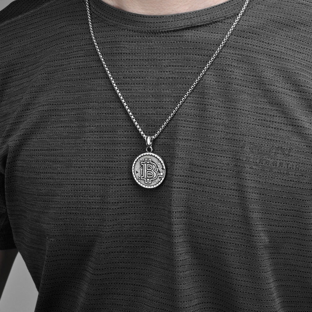 Kemstone Bitcoin Symbol Pendant Necklace for Men Stainless Steel Coin Style K-PT500