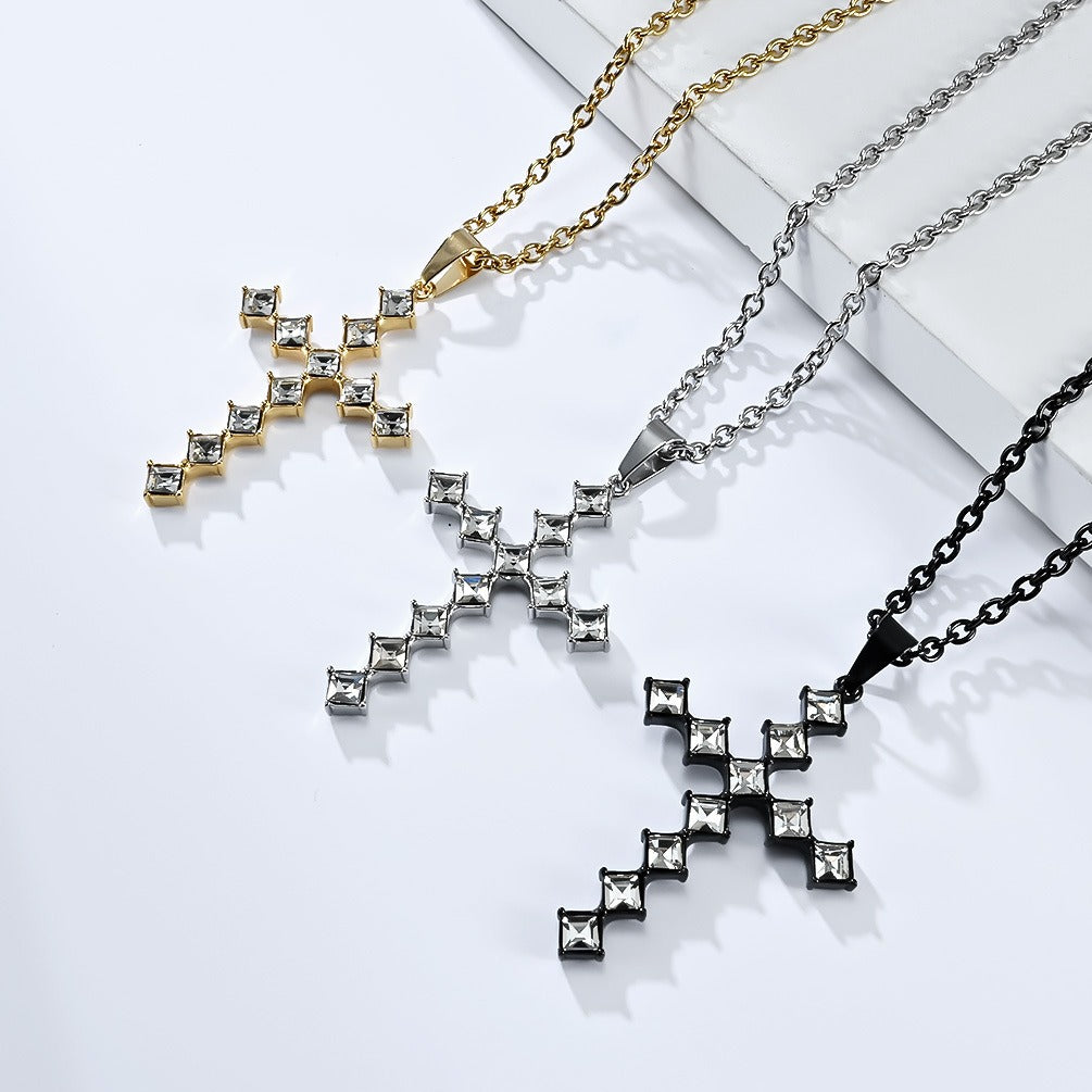 Kemstone Square Cubic Zirconia Cross Pendant Necklace for Men Stainless Steel K-PT502