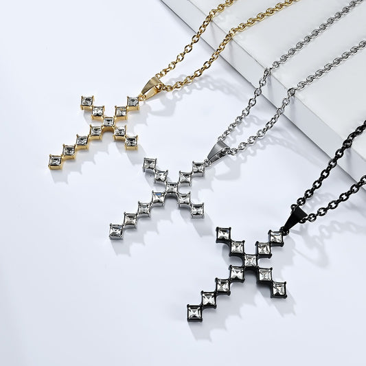 Kemstone Square Cubic Zirconia Cross Pendant Necklace for Men Stainless Steel K-PT502