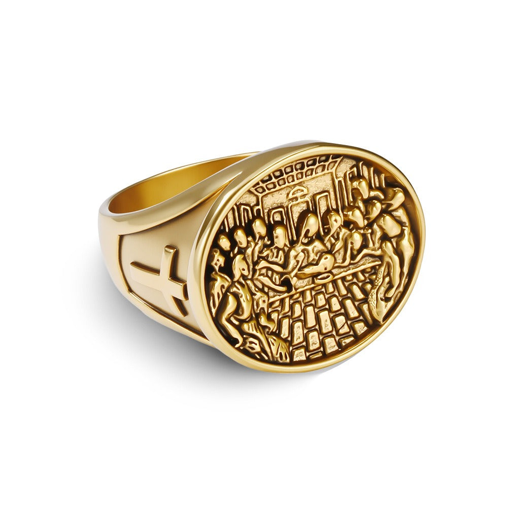 Kemstone Stainless Steel Last Supper Ring for Men – Vintage Cross Symbol Band K-R1085