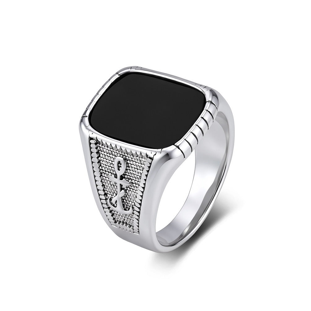 Kemstone Anchor Square Signet Ring for Men Stainless Steel Vintage Stone Detail K-R1212