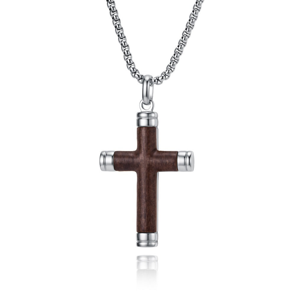 Kemstone Wood Inlay Cross Necklace for Men Stainless Steel Pendant K-PT737