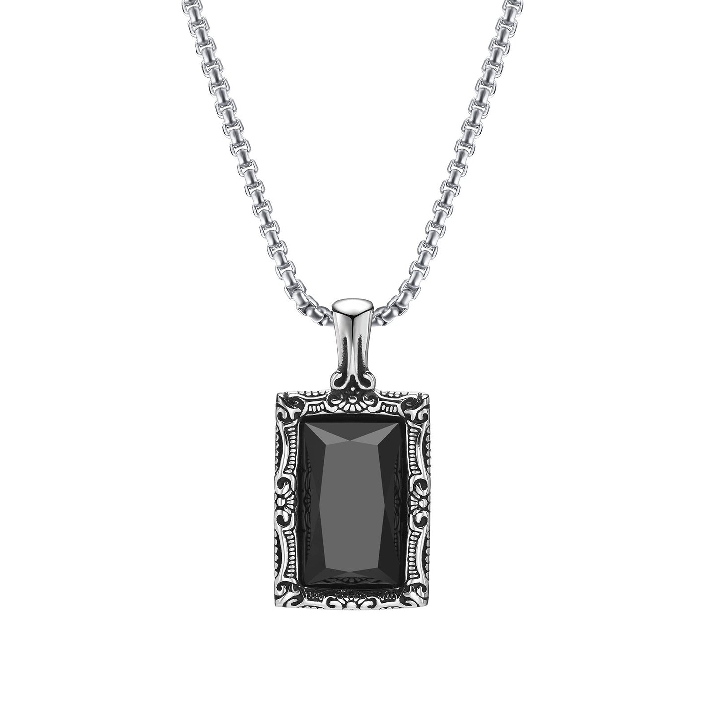 Kemstone Stainless Steel Black Glass Square Pendant Necklace for Men – Vintage Ornate Frame PN-1907