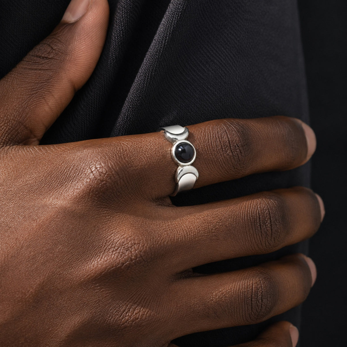 Kemstone Black Onyx Ring for Men Stainless Steel Twin Crescent RC-1171