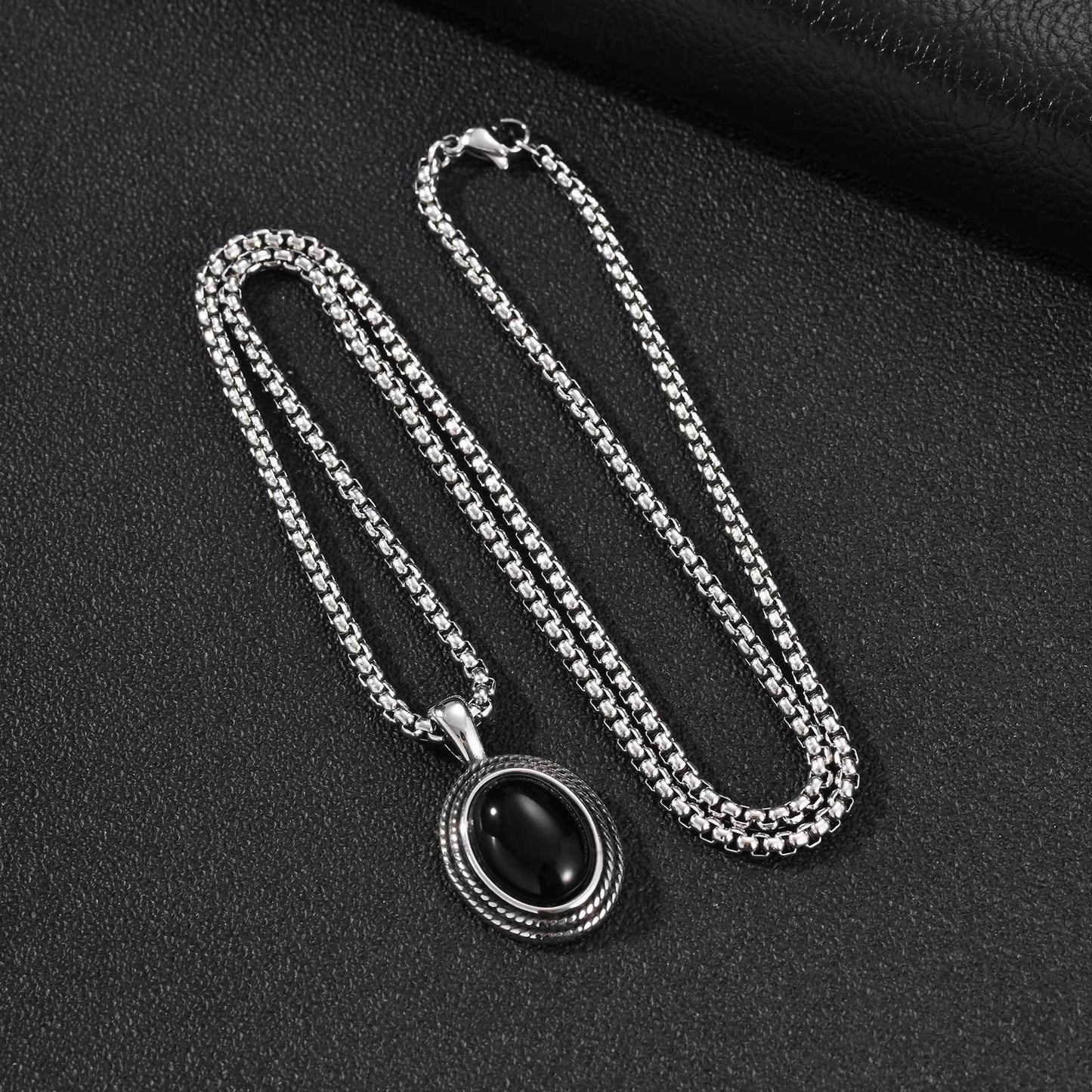 Kemston Black Stone Pendant Necklace for Men Stainless Steel Oval Vintage Frame PN-2462