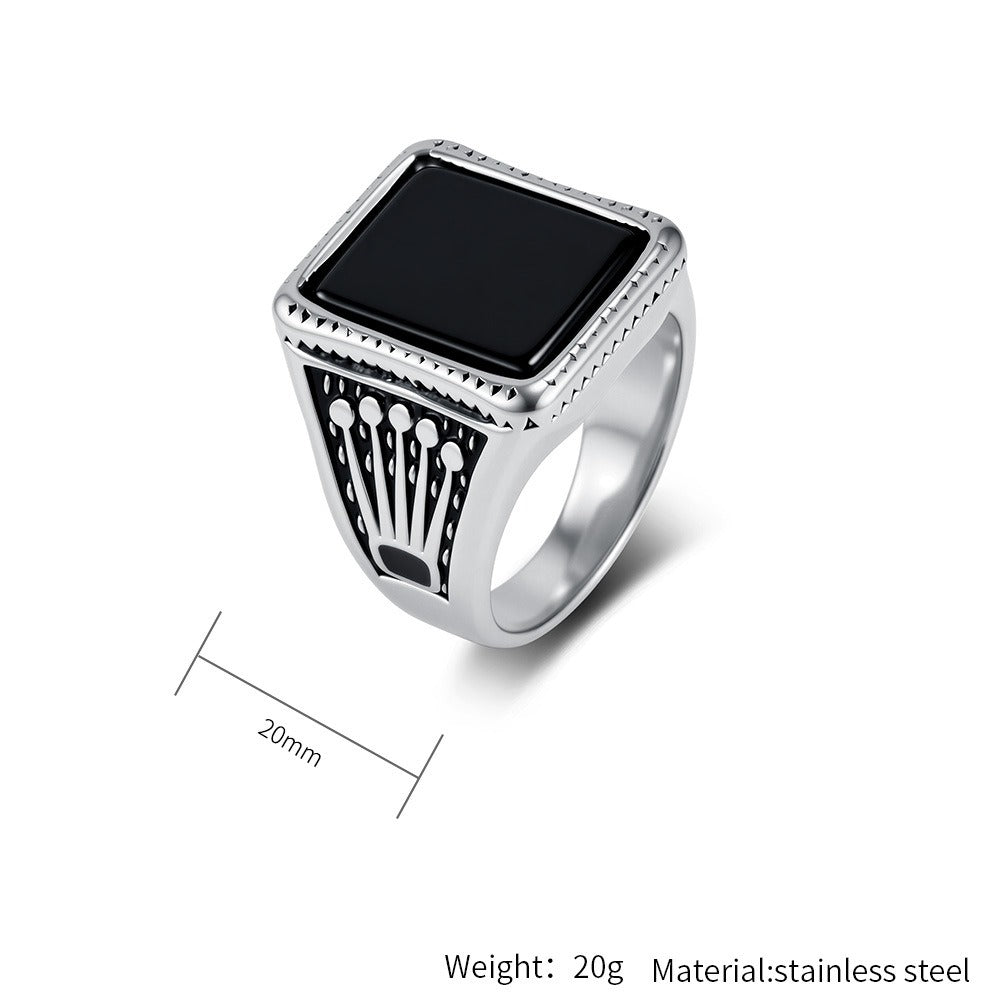 Kemstone Square Black Stone Signet Ring for Men Stainless Steel Vintage Crown Detail K-R1213