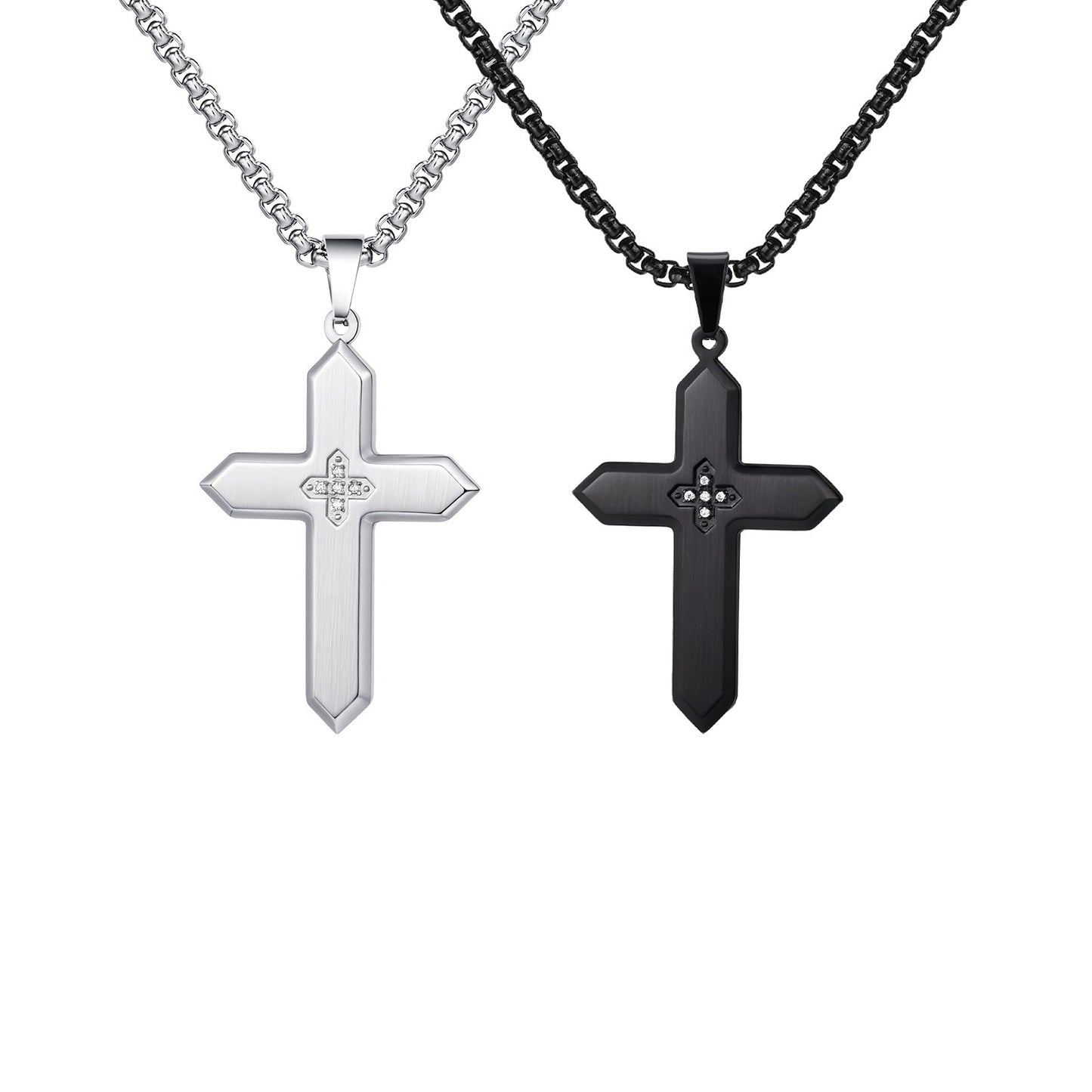 Kemstone Stainless Steel Brushed Cross Pendant Necklace with Cubic Zirconia – Square Link Chain for MenPN-2198