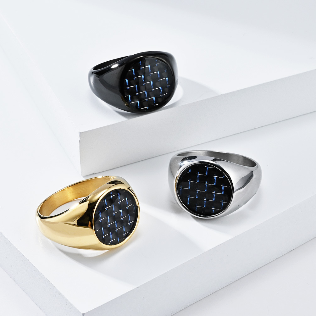 Kemstone Stainless Steel Carbon Fiber Ring for Men Black Inlay Texture K-R782