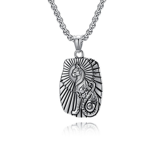 Kemstone Ancient Cat Symbol Stainless Steel Pendant Necklace for Men – Engraved Relief, Gold Silver K-PT699