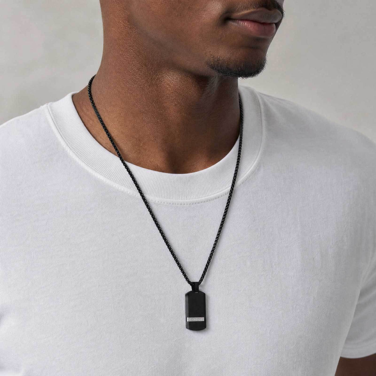 Kemstone Black Rectangular Pendant Necklace for Men Stainless Steel Cubic Zirconia Detail Punk Style PN-240