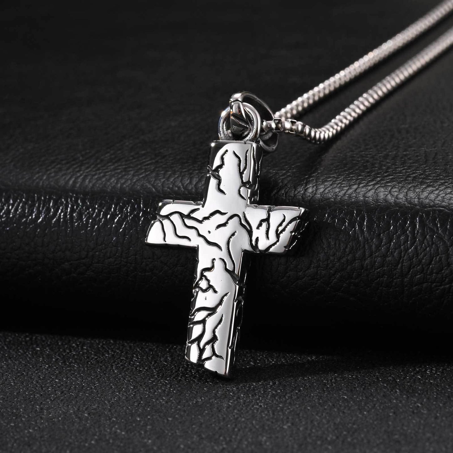 Kemston Cracked Texture Cross Pendant Necklace for Men Stainless Steel Vintage Silver Design PN-2420