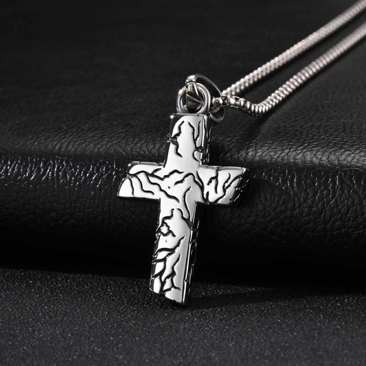 Kemstone Cracked Texture Cross Pendant Necklace for Men Stainless Steel Vintage Silver Design PN-2420