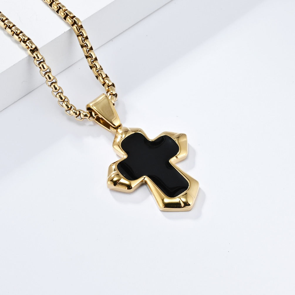Kemstone Black Enamel Cross Necklace for Men Stainless Steel Faceted Edge K-PT560