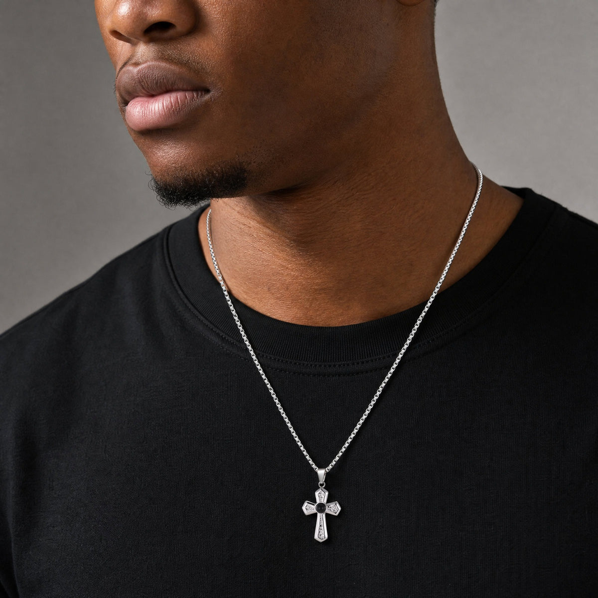 Kemstone Black Agate Cross Pendant Necklace for Men Stainless Steel Punk Style PN-2430