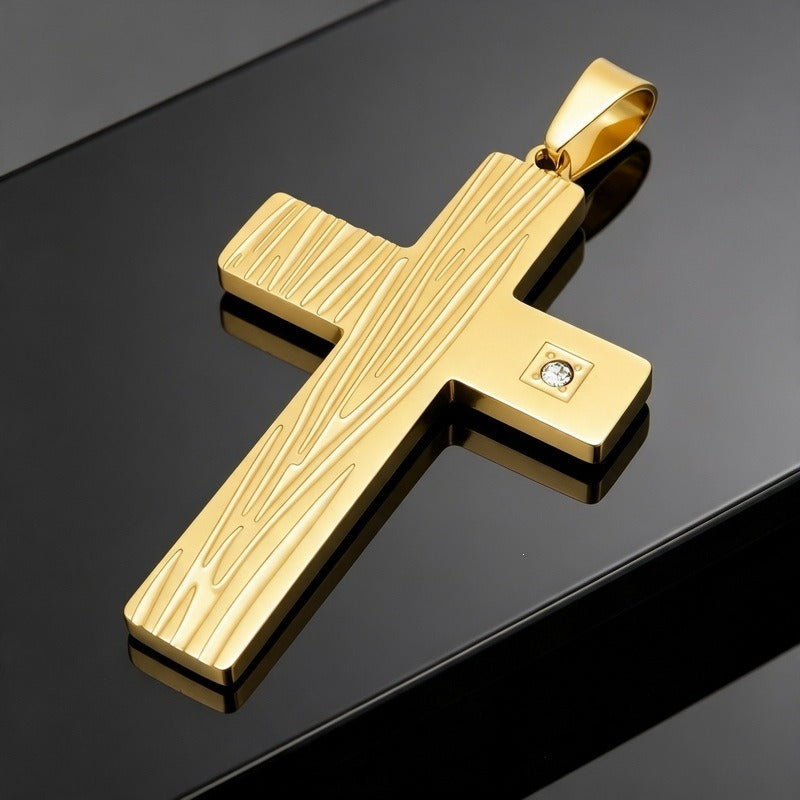 Kemstone Wood Grain Cross Pendant Necklace for Men Stainless Steel Cubic Zirconia Accent KP119491-HR