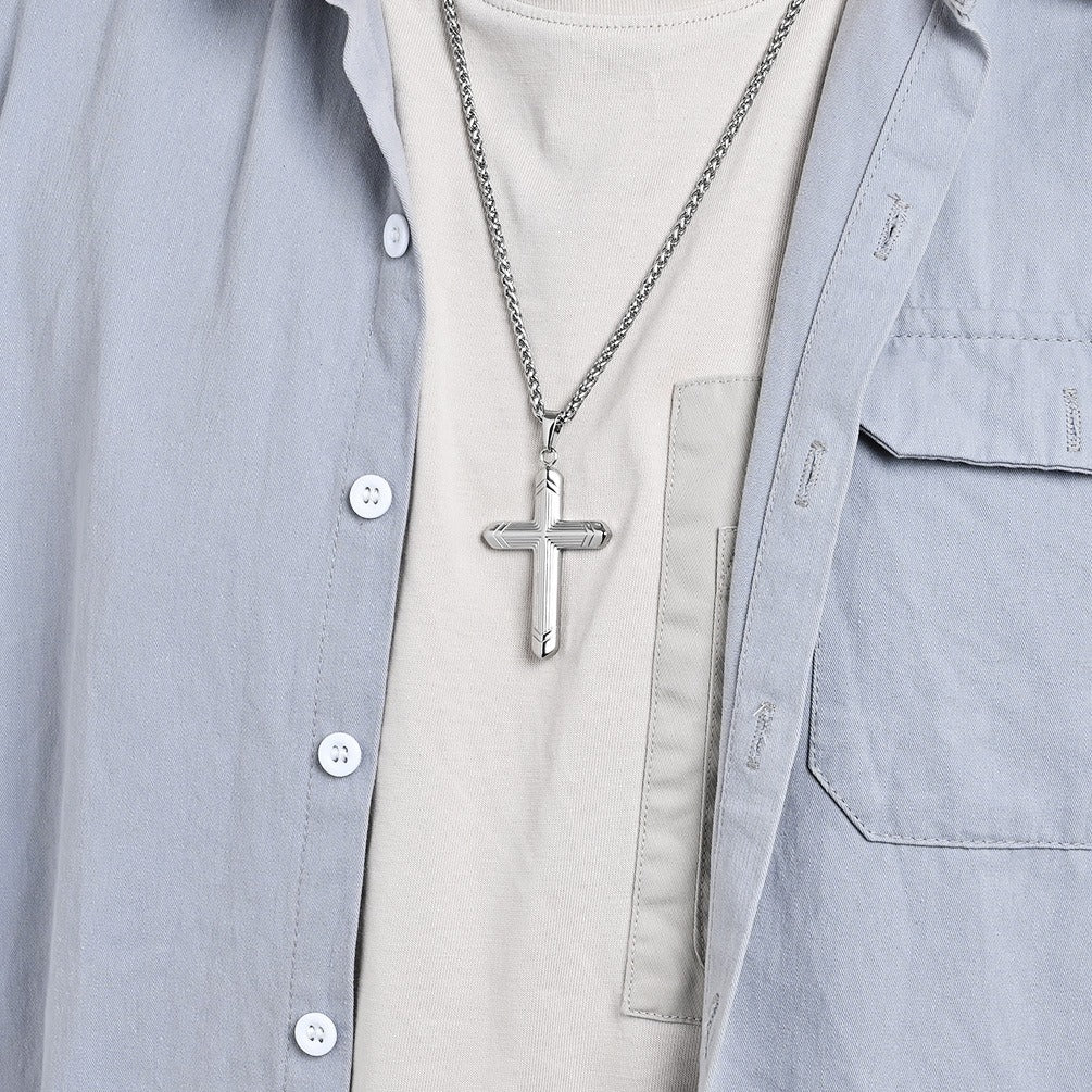 Kemstone Stainless Steel Cross Pendant Necklace for Men – Engraved Line Relief, Silver Gold Black K-PT588