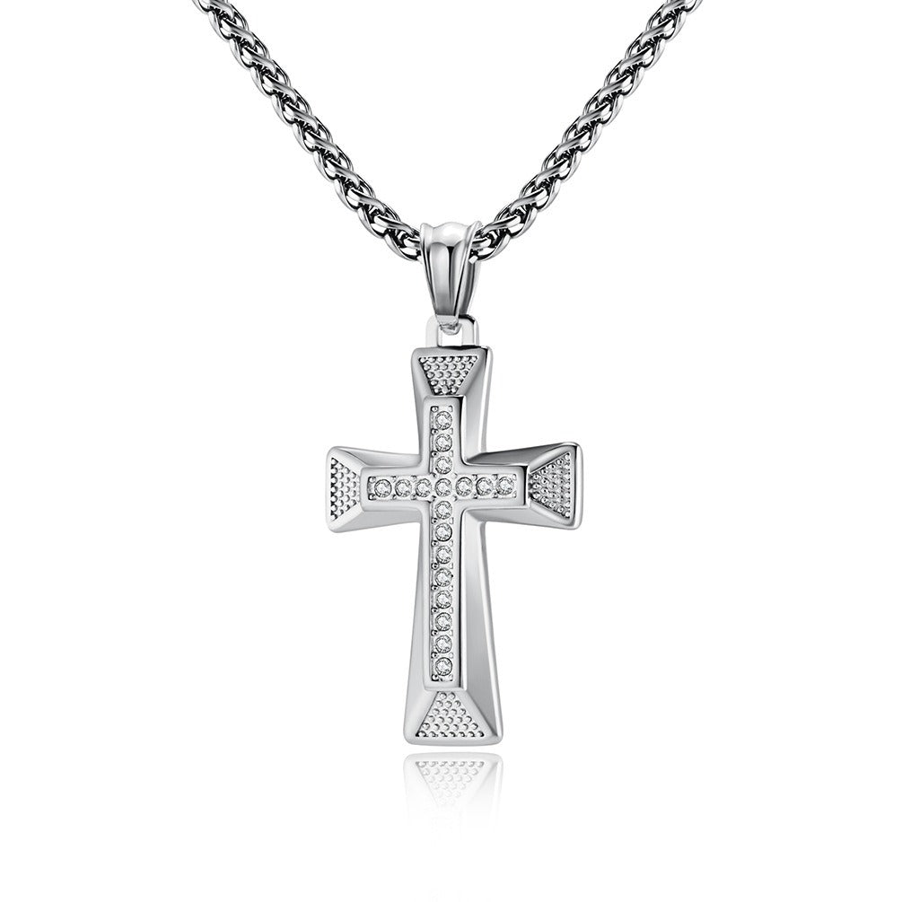 Kemstone Geometric Cross Pendant Necklace for Men Stainless Steel Stone Detail K-PT506
