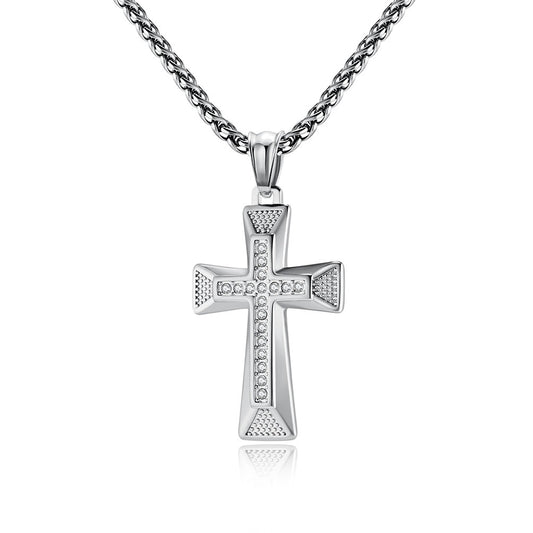 Kemstone Geometric Cross Pendant Necklace for Men Stainless Steel Stone Detail K-PT506
