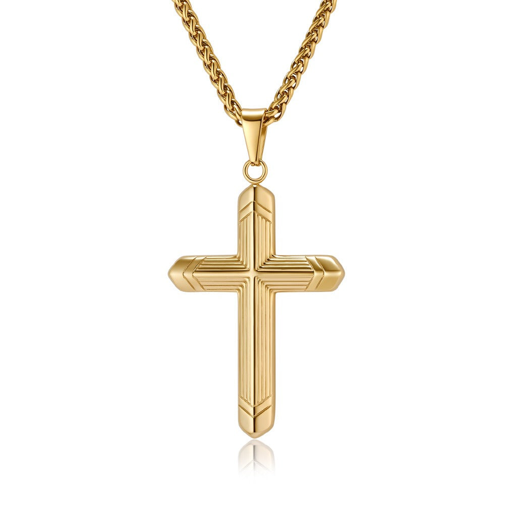 Kemstone Stainless Steel Cross Pendant Necklace for Men – Engraved Line Relief, Silver Gold Black K-PT588