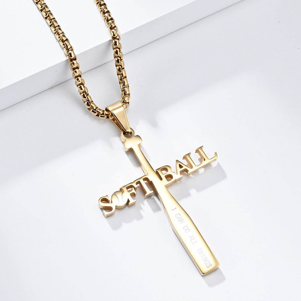 Kemstone Softball Cross Pendant Necklace for Men Stainless Steel Baseball Letter Detail K-PT512