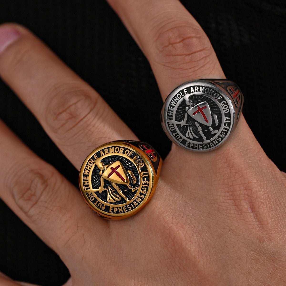 Kemstone Cross Shield Ring for Men Stainless Steel Engraved Emblem TR0528