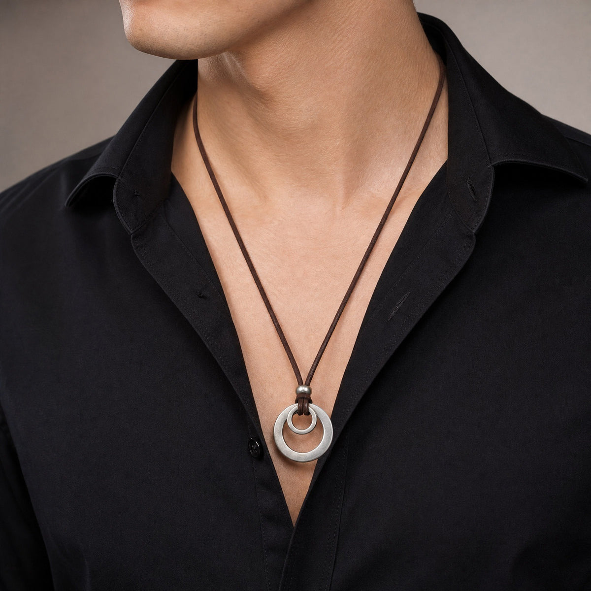 Kemstone Double Ring Pendant Necklace for Men Stainless Steel Brown Cord NC-3022